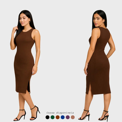 Vestido Canelado Midi Regata Com Fenda Zero Transparência
