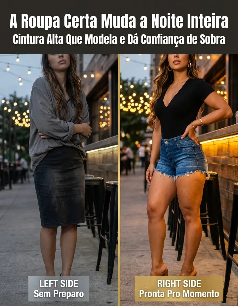 Short Jeans Feminino Cintura Alta Com Lycra Barra Desfiada