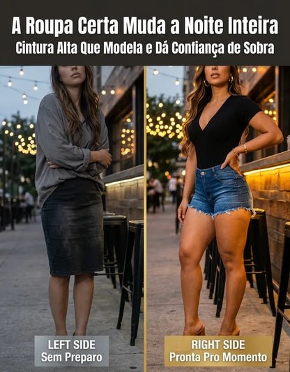 Short Jeans Feminino Cintura Alta Com Lycra Barra Desfiada