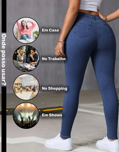 Calça Skinny Jeans Básica Feminina Cintura Alta Look Casual
