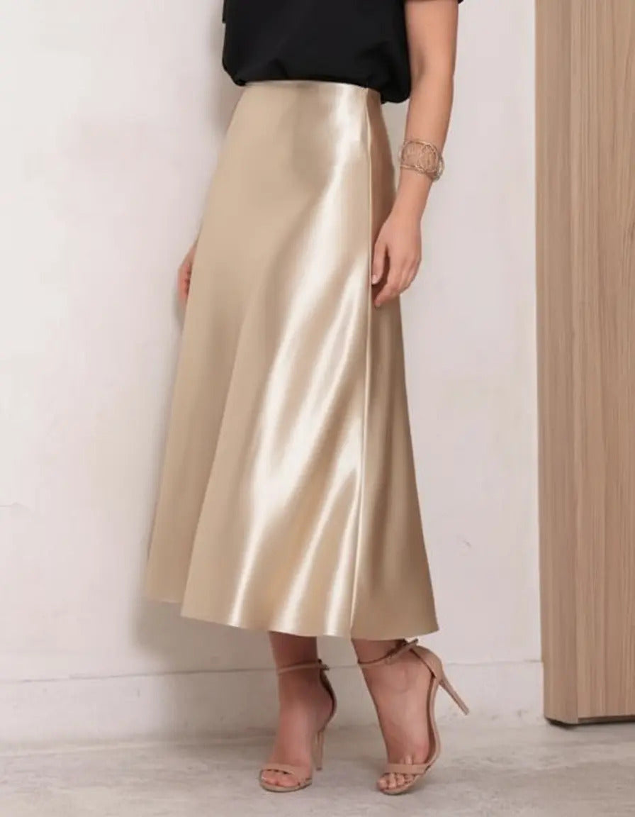 Saia Cetim Feminina Midi Brilho Moda Elegante Full