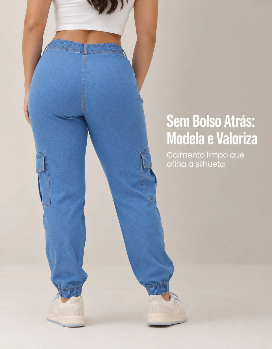Calça Cargo Jogger Jeans Feminina Cintura Alta Com Lycra