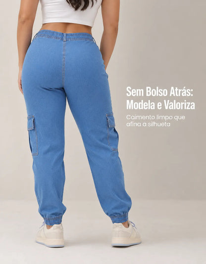Calça Cargo Jogger Jeans Feminina Cintura Alta Com Lycra