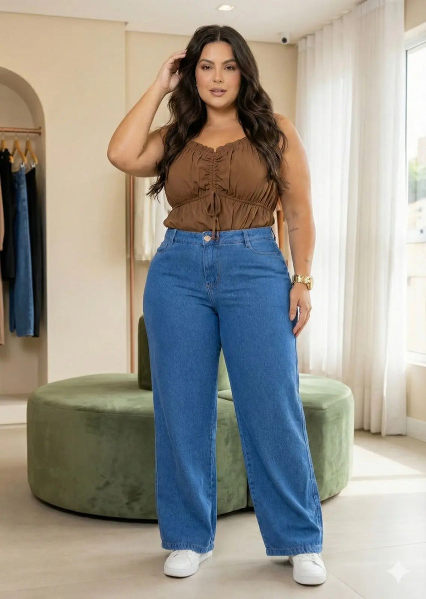 Calça Plus Size Jeans Feminina Wide Leg Levanta Bumbum