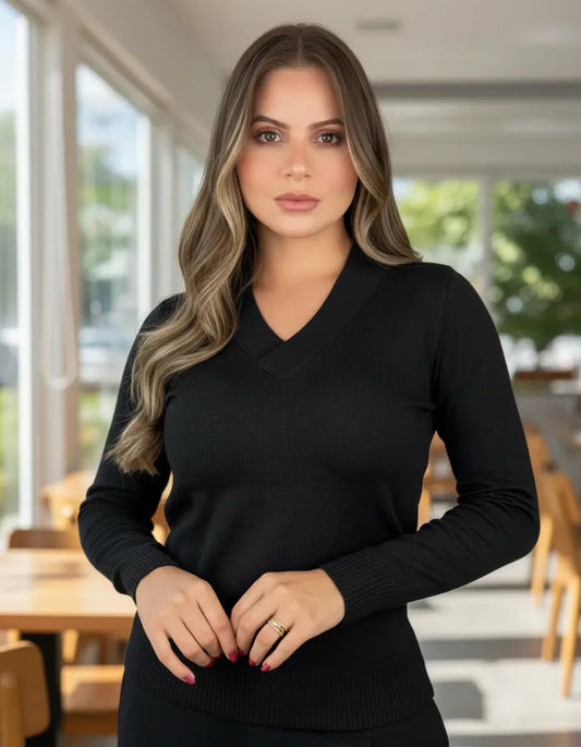 Blusa Trico Basica De Frio Feminina Decote V Manga Longa