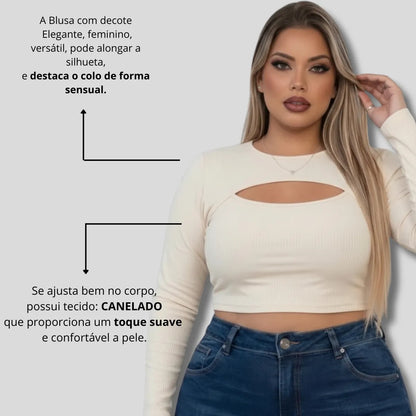Cropped Feminino Plus Size Manga Longa Com Decote
