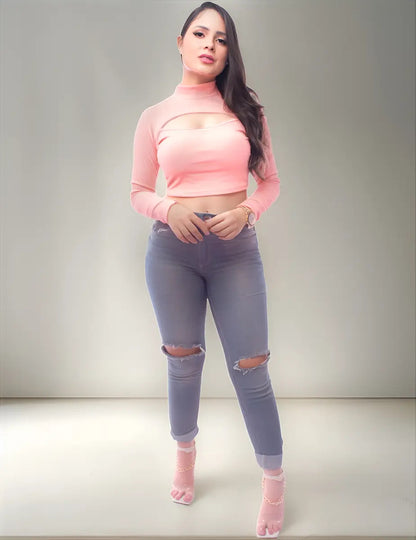 Cropped Gringa Manga Longa Blusinha Blogueira Gola Alta