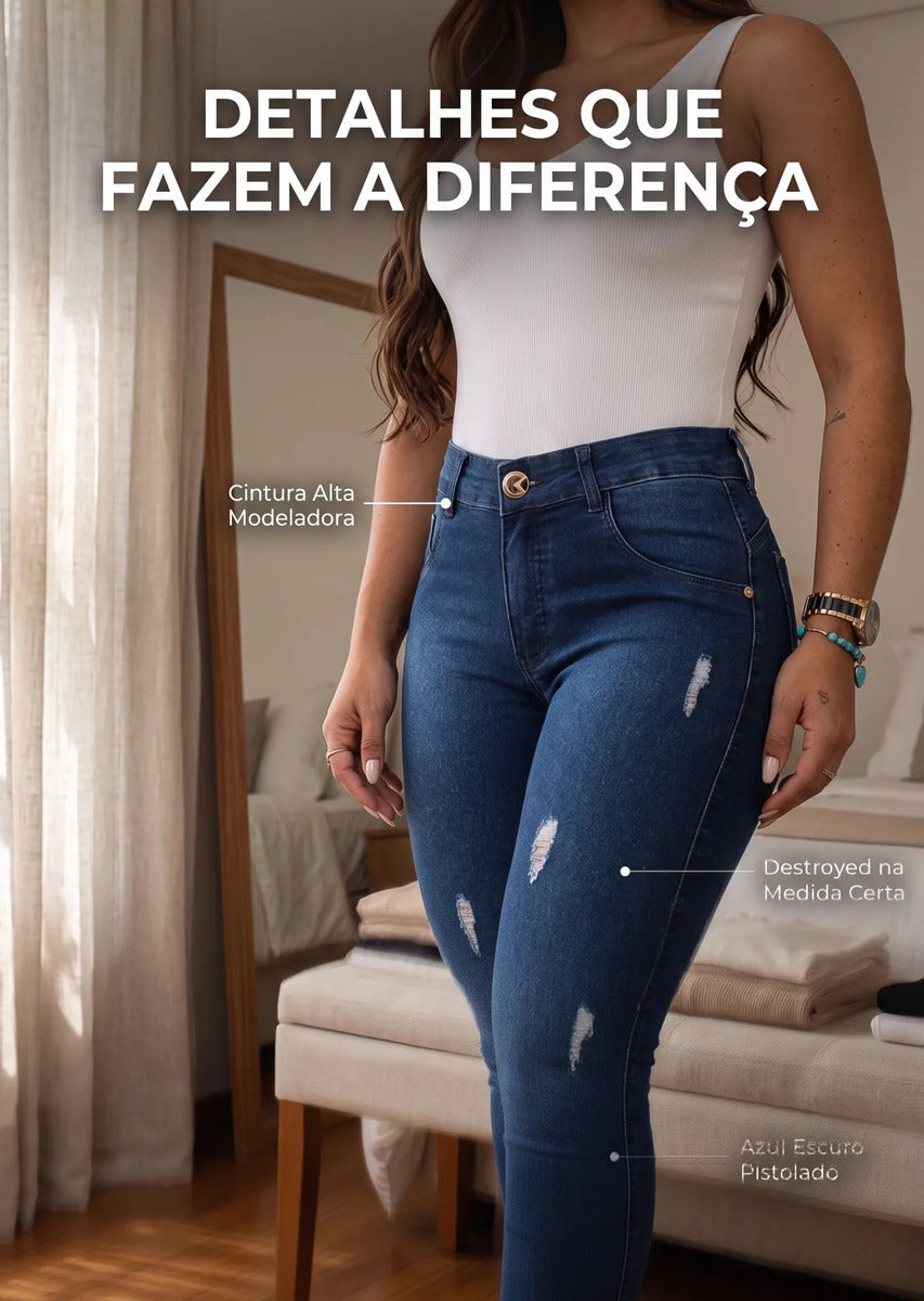 Calça Feminina Jeans Cintura Alta Skinny Levanta Bumbum