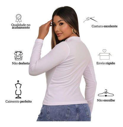 Blusa Feminina Canelada Gola Alta Manga Comprida Cacharrel