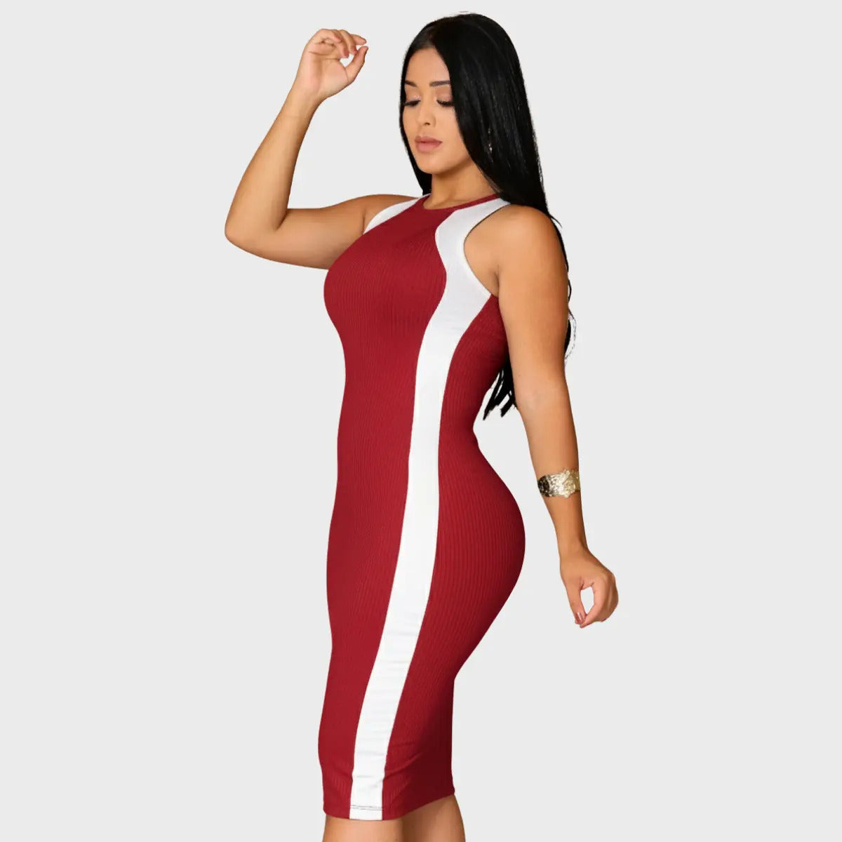Vestido Canelado Midi Faixas Regata Casual Básico Modelador