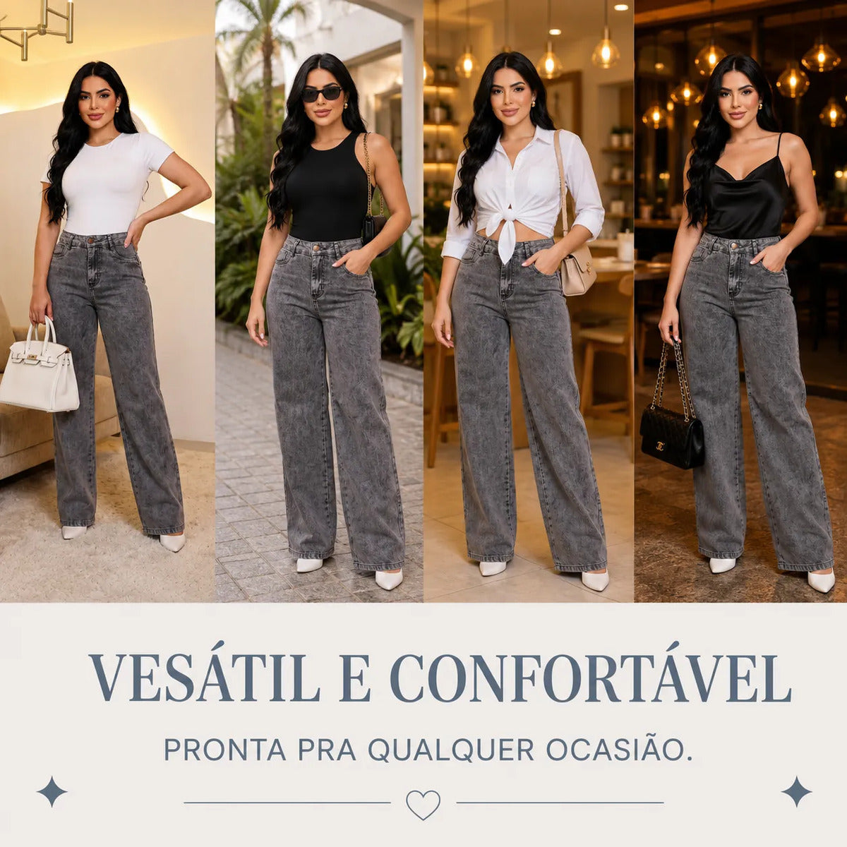 Calça Jeans Feminina Wide Leg Pantalona Cintura Alta Inverno
