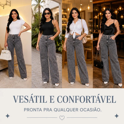 Calça Jeans Feminina Wide Leg Pantalona Cintura Alta Inverno
