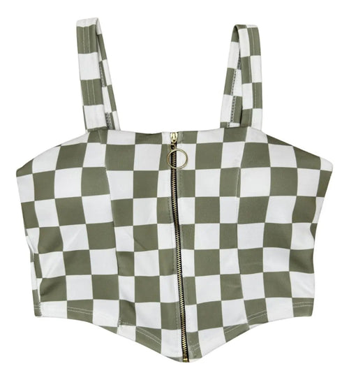 Cropped Zipper Corset Xadrez Balada Country Luxo Premium