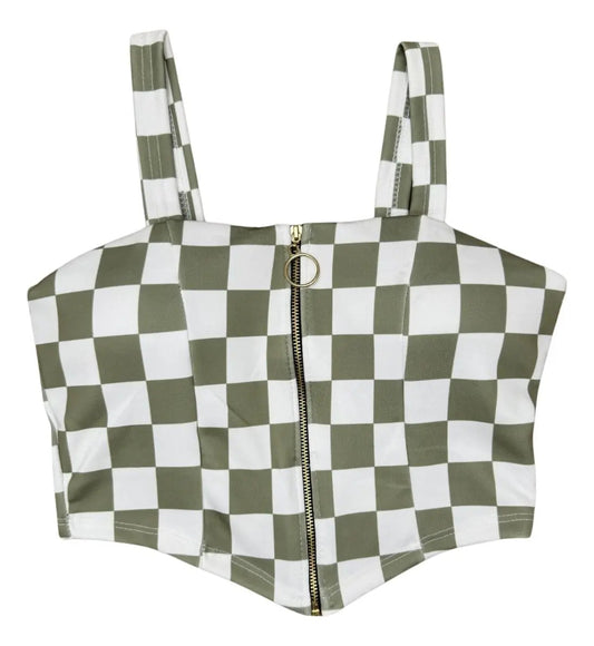 Cropped Zipper Corset Xadrez Balada Country Luxo Premium