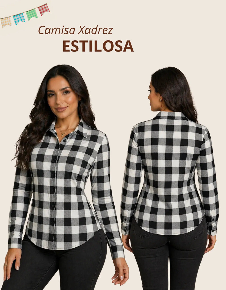 Camisa Xadrez Longa Blusa Manga Festa Junina Social De Botão
