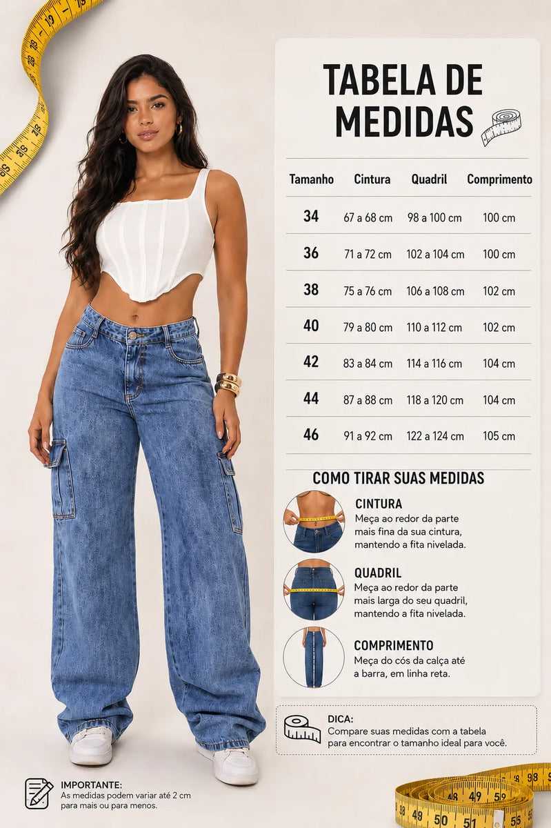 Calça Cargo Feminina Wide Leg Cintura Alta Jeans  Stillger