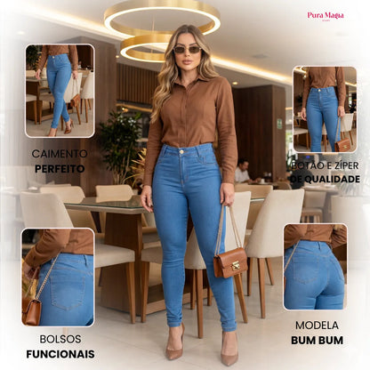 Calça Jeans Feminina Preta Cintura Alta Com Lycra Modeladora