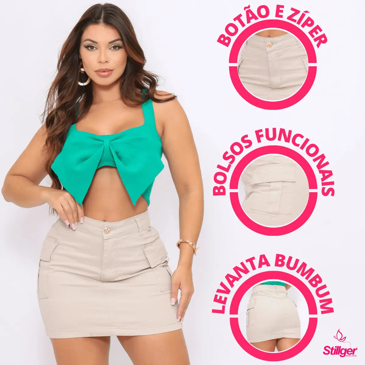 Saia Jeans Cargo Feminina Cintura Alta Com Lycra Stillger