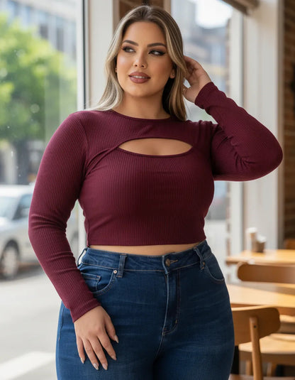 Cropped Feminino Plus Size Manga Longa Com Decote