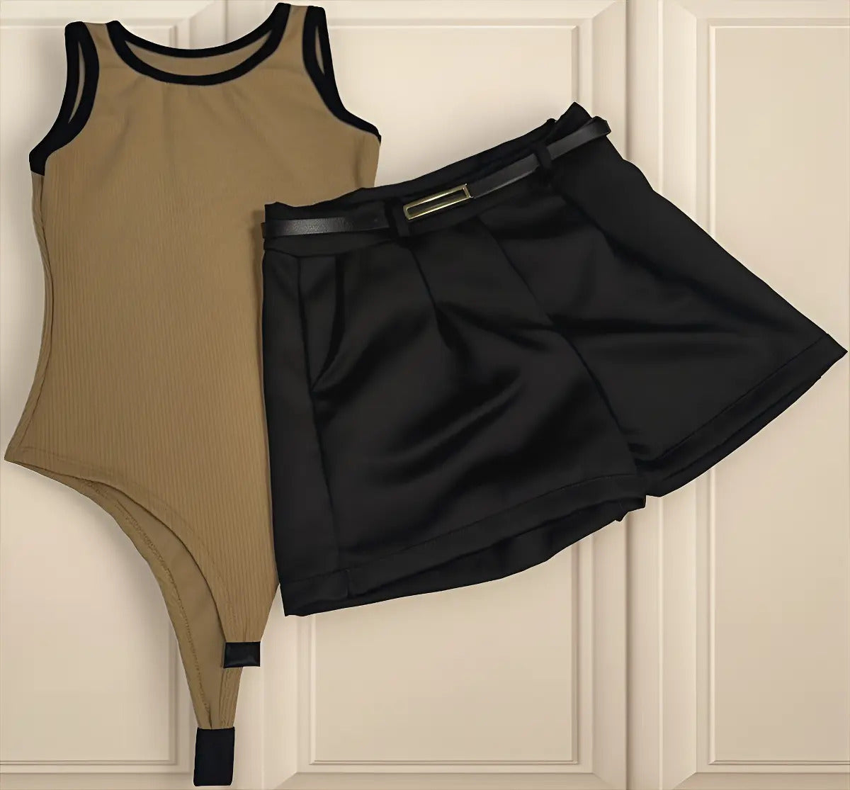 Kit Short Alfaiataria Body Canelado Feminino Liso