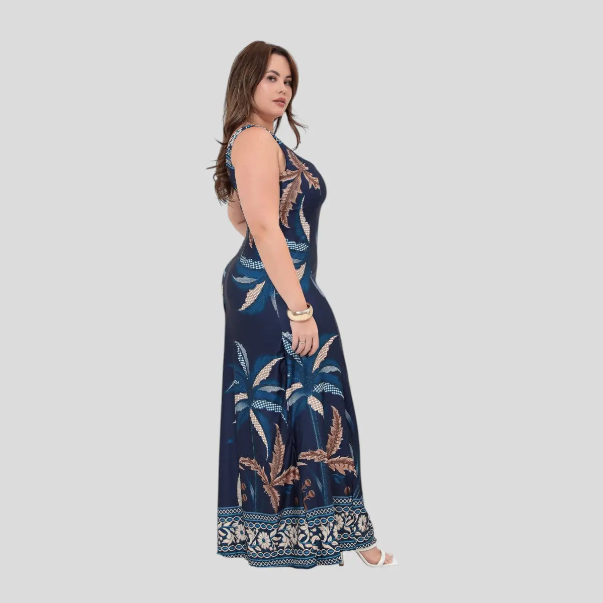 Vestido Longo Alça Plus Size Florido Estampado Soltinho