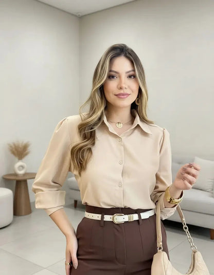 Camisa Seda Feminina Botão Gringa Blusa Moda Clássica 2026