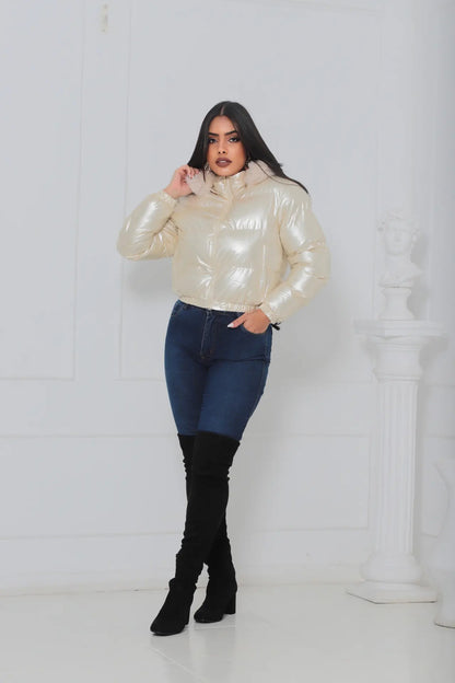 Jaqueta Feminina De Inverno Cropped Dupla Face Com Capuz