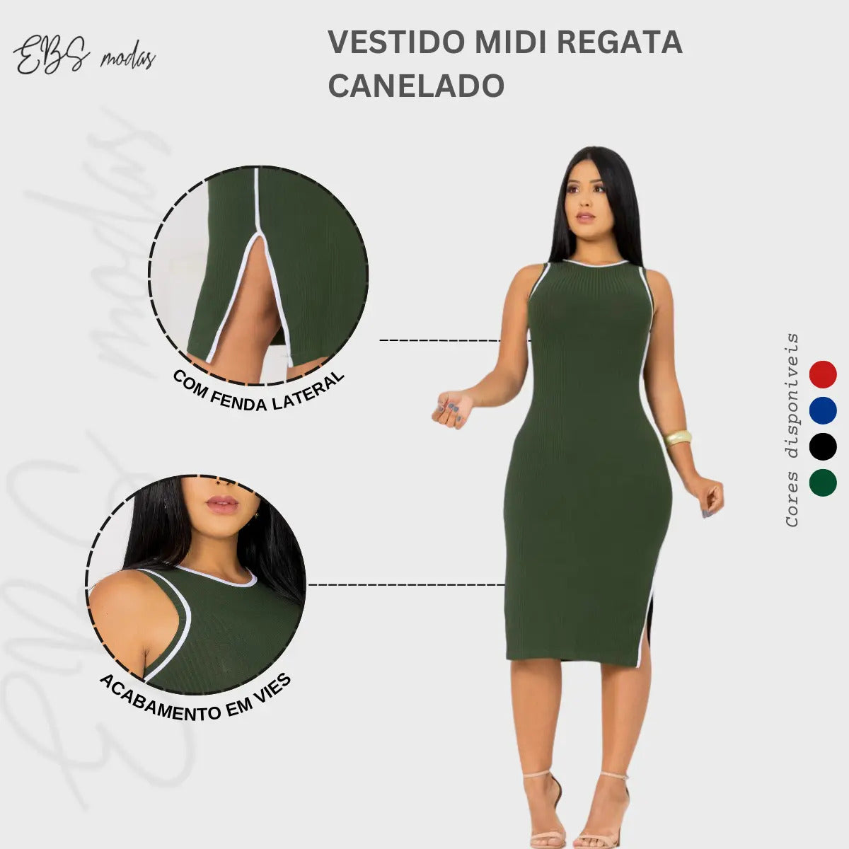 Vestido Midi Canelado Premium Regata Casual Básico Modelador