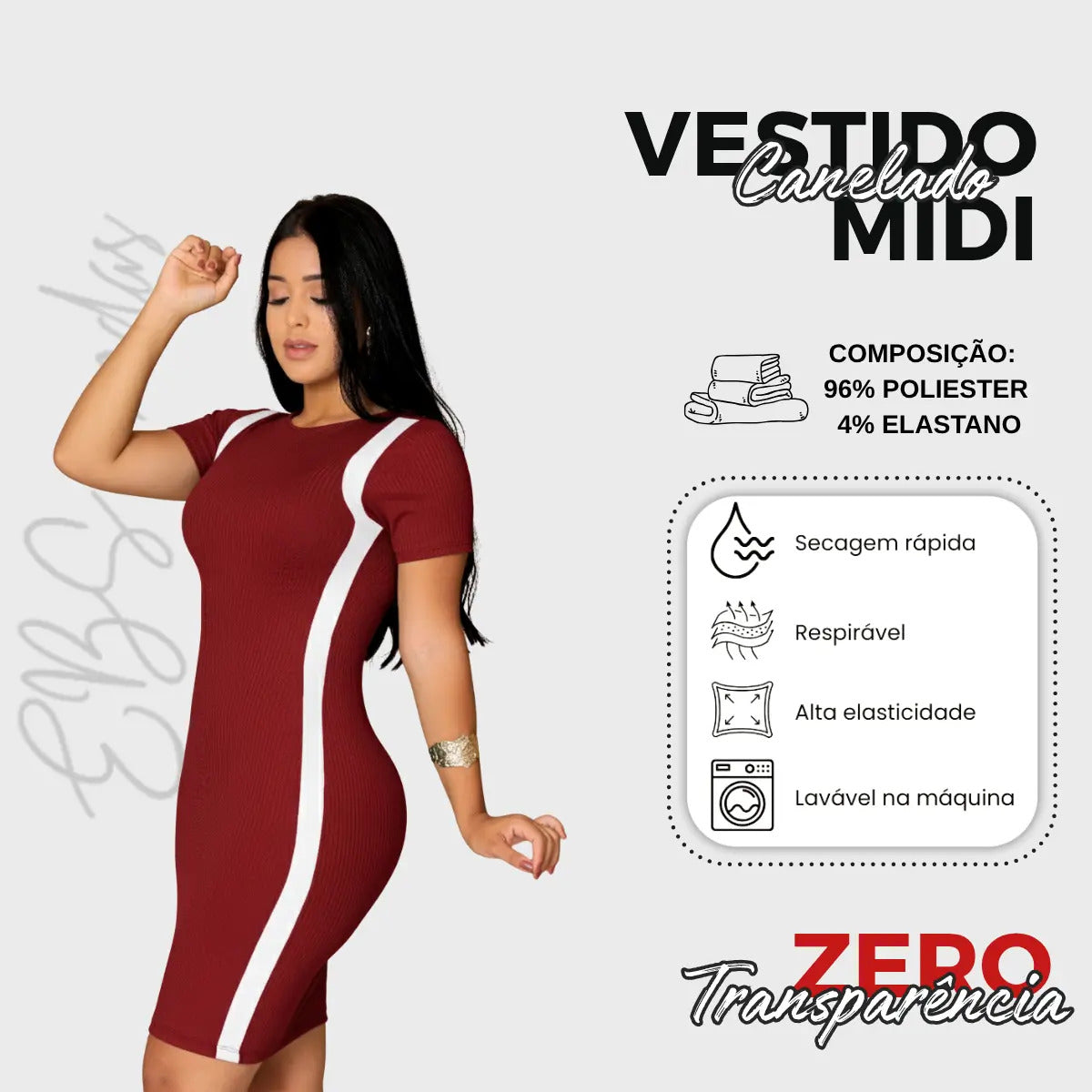 Vestido Canelado Curto Com Manga Casual Básico Modelador