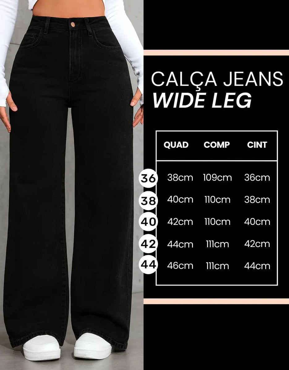 Calça Wide Leg Jeans Feminina Reta Perna Larga Empina Bumbum