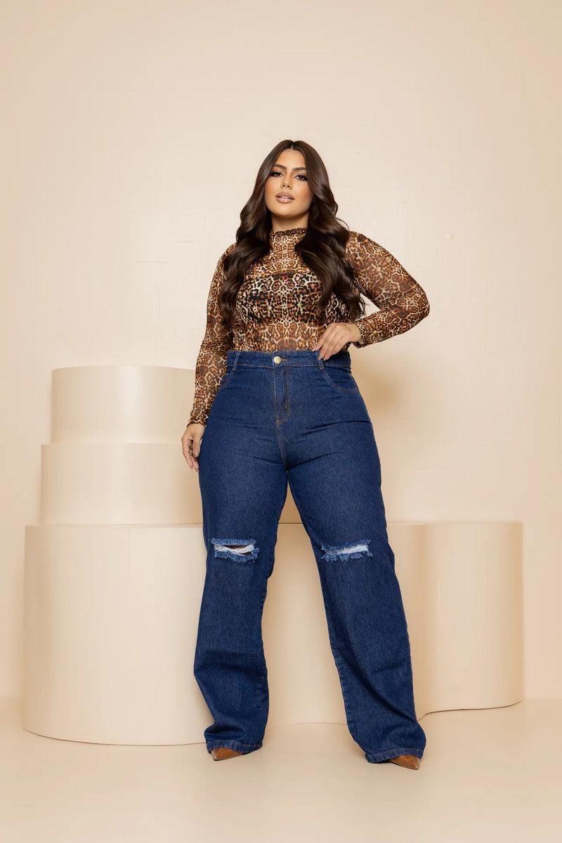 Calça Plus Size Jeans Feminina Wide Leg Levanta Bumbum