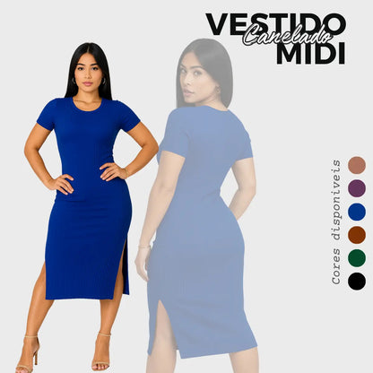 Vestido Canelado Midi Com Manga e Fenda Lateral Casual Básico
