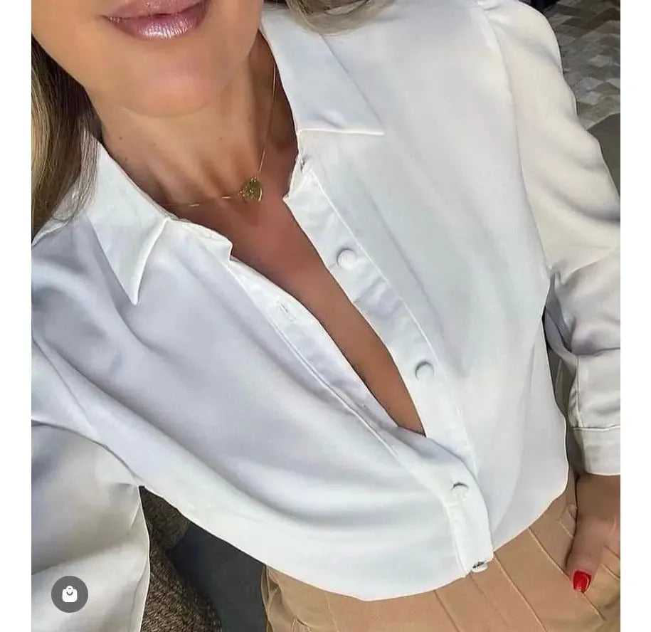 Camisa Seda Feminina Botão Gringa Blusa Moda Clássica 2026