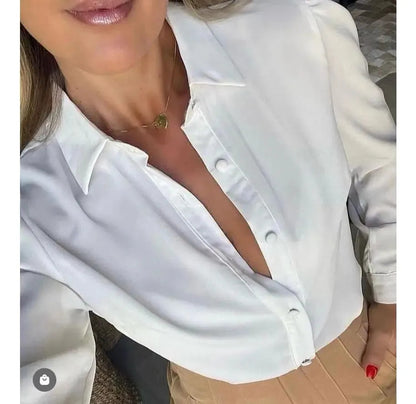 Camisa Seda Feminina Botão Gringa Blusa Moda Clássica 2026