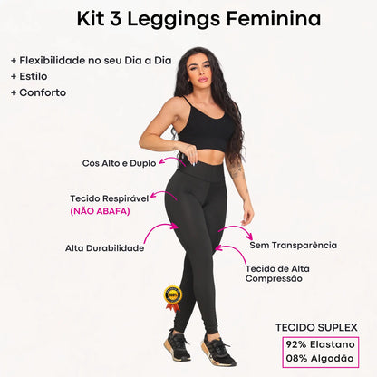Calça Legging Kit 3 Grossa Suplex Cós Alto Leg Reforçada
