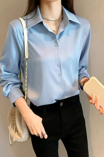 Camisa Seda Feminina Botão Gringa Blusa Moda Clássica 2026