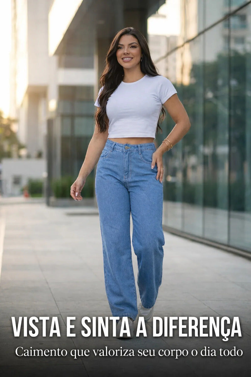 Calça Jeans Wide Leg Feminina Cintura Alta Sem Lycra Stillge