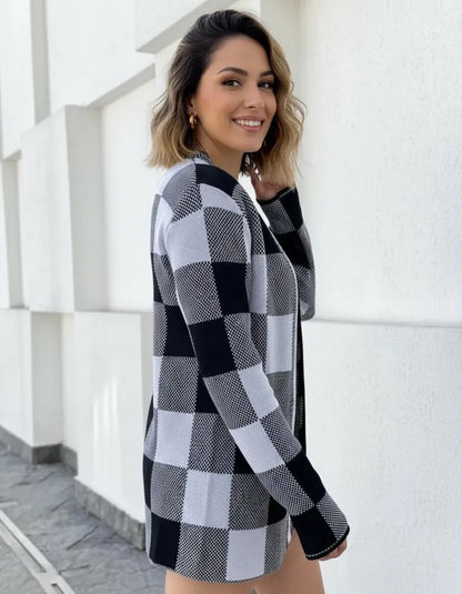 Casaco Cardigan Xadrez Tricot Blusa De Frio Kimono Inverno