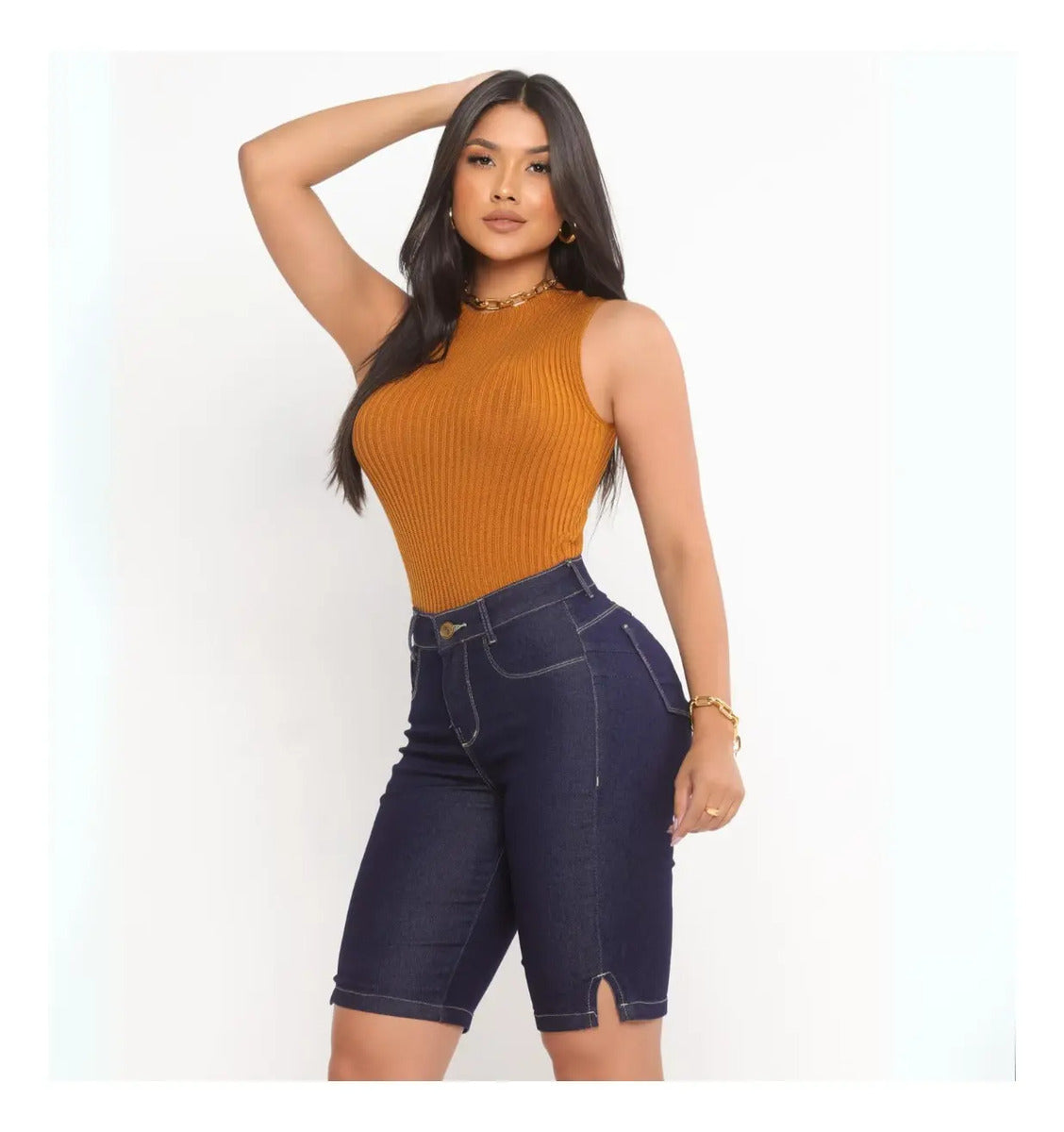 Bermuda Ciclista Jeans Feminina Com Lycra Cós Alto