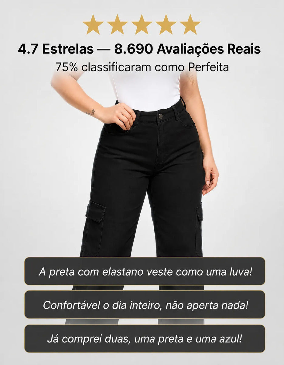 Calça Cargo Feminina Wide Leg Cintura Alta Jeans  Stillger