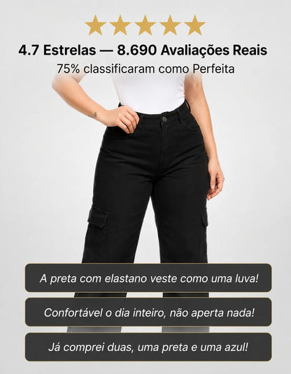 Calça Cargo Feminina Wide Leg Cintura Alta Jeans  Stillger