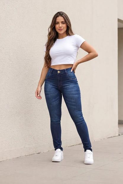 Calça Feminina Jeans Cintura Alta Skinny Levanta Bumbum