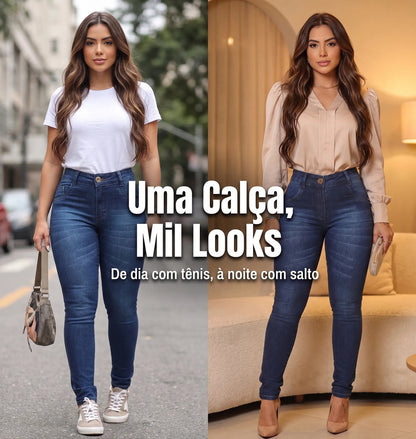 Calça Feminina Jeans Cintura Alta Skinny Levanta Bumbum