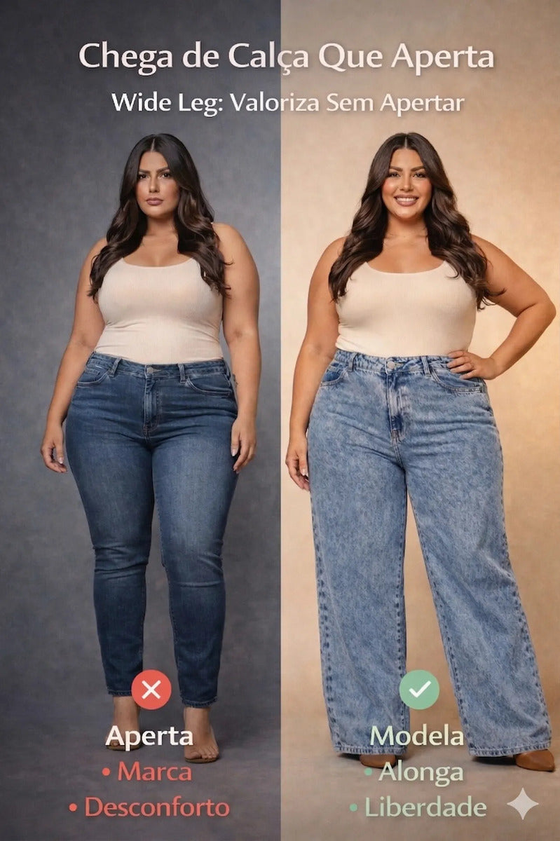 Calça Plus Size Jeans Feminina Wide Leg Levanta Bumbum
