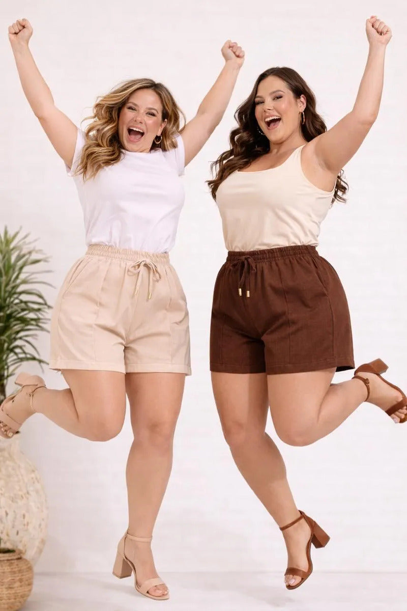 Kit 2 Shorts Feminino Alfaiataria Plus Size Elástico Linhão