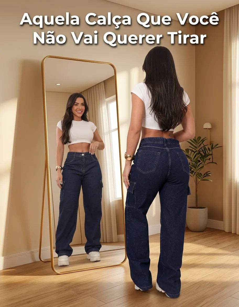 Calça Cargo Feminina Wide Leg Cintura Alta Jeans  Stillger