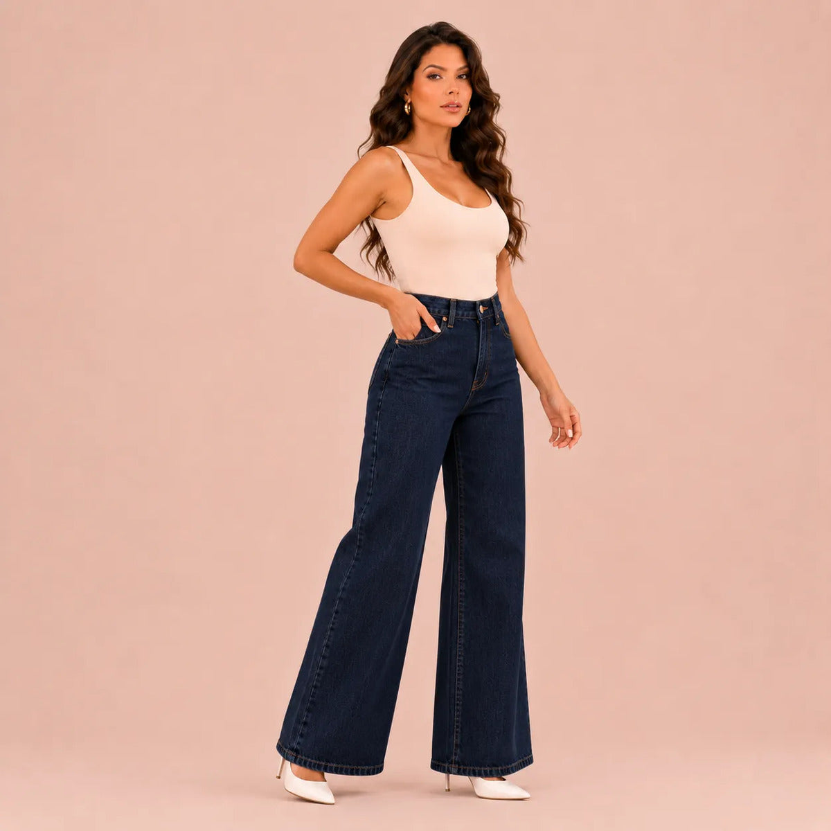 Calça Jeans Pantalona Wide Leg Feminina Cintura Alta Larga