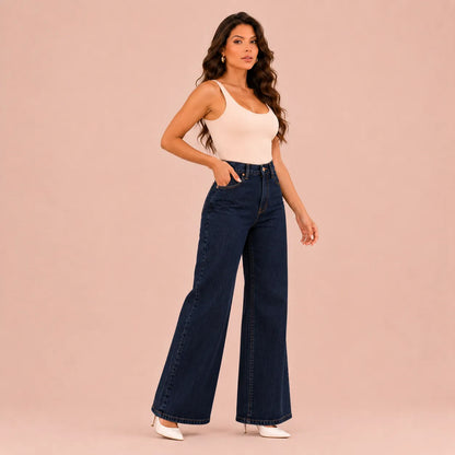 Calça Jeans Pantalona Wide Leg Feminina Cintura Alta Larga