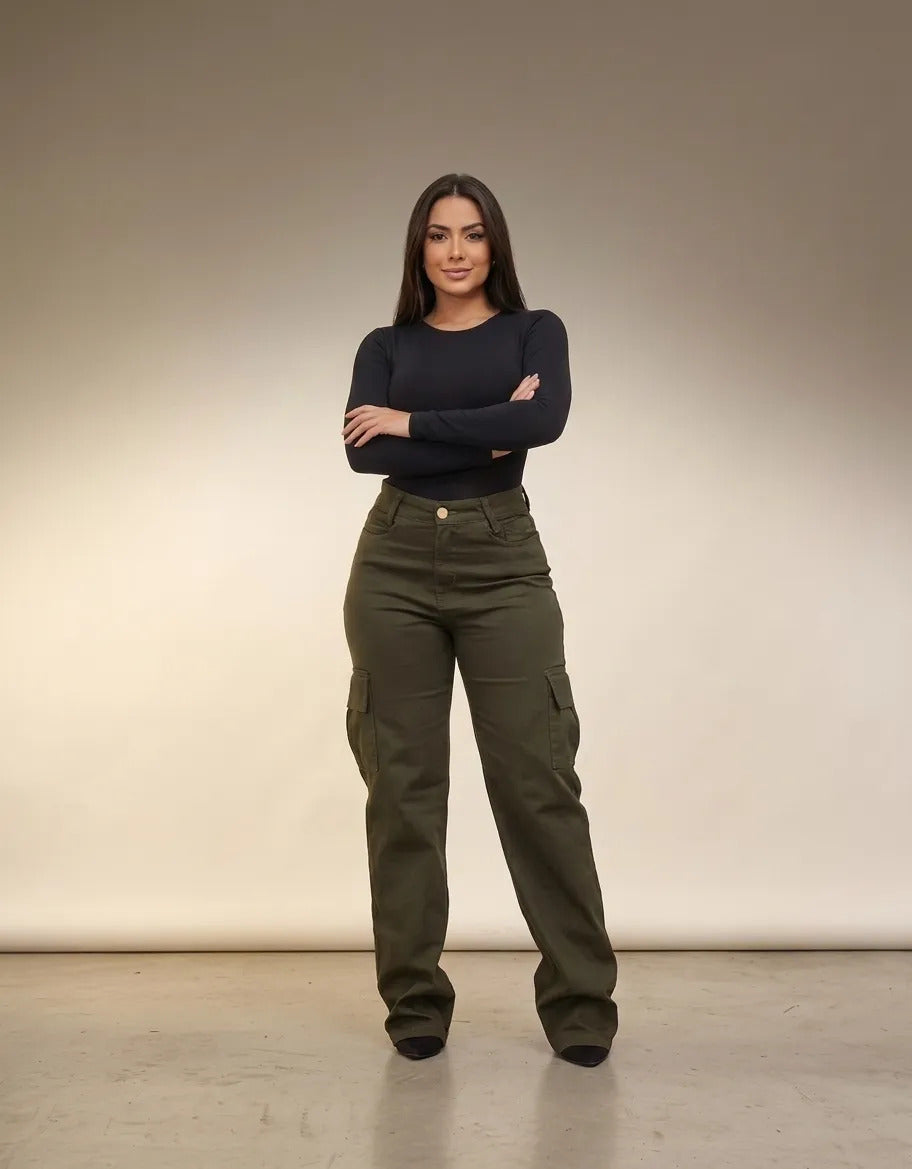 Calça Cargo Feminina Wide Leg Cintura Alta Jeans  Stillger