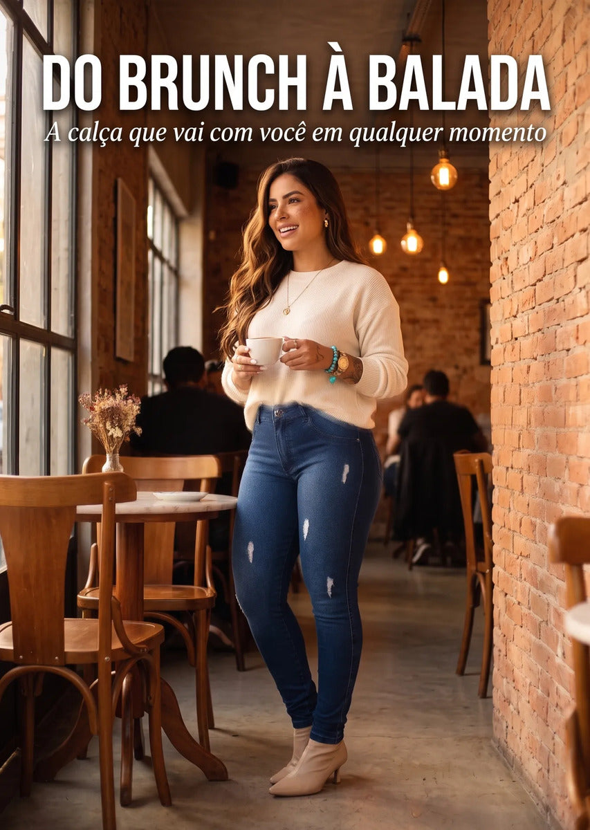 Calça Feminina Jeans Cintura Alta Skinny Levanta Bumbum